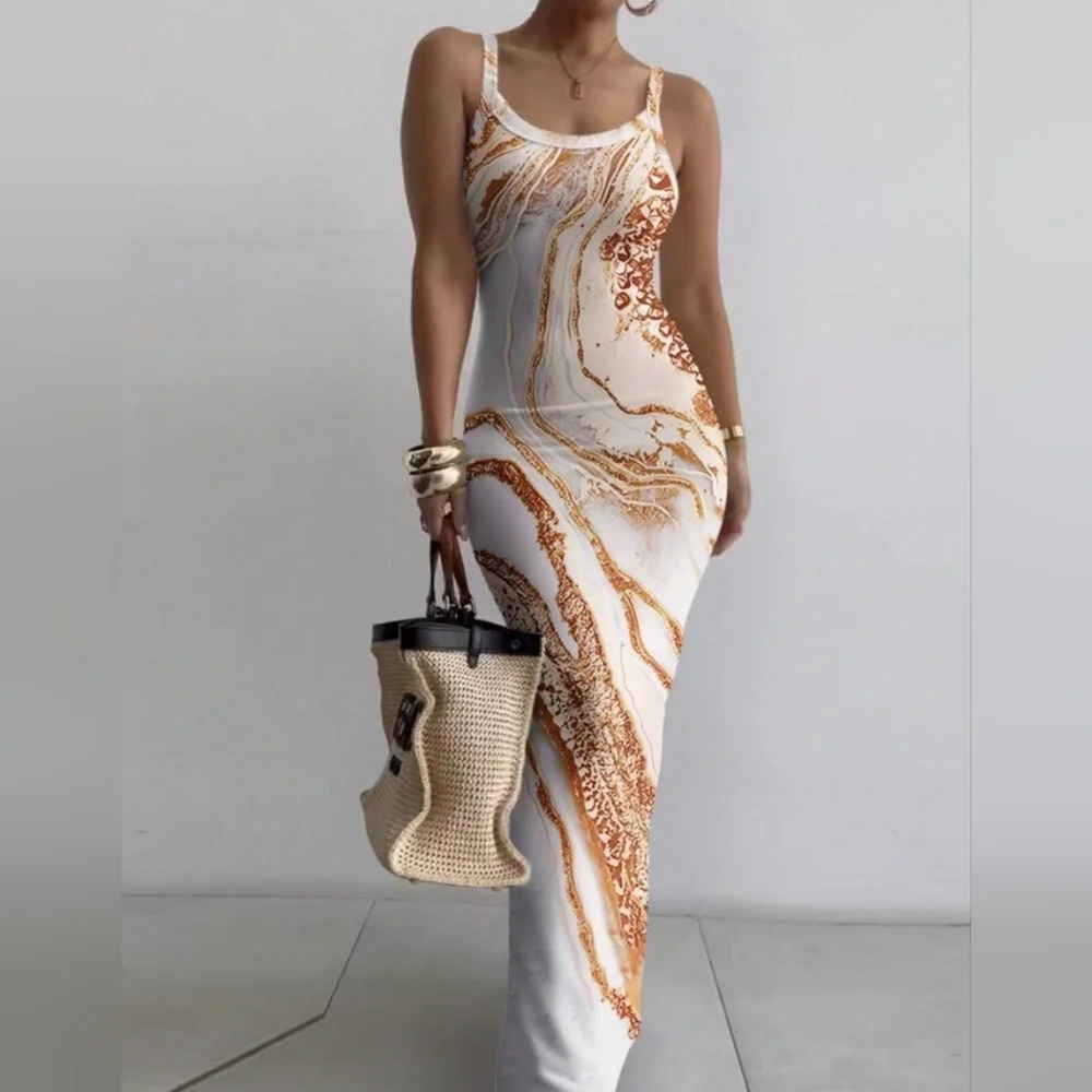 Women's Summer Fashion Marble Printed Skinny Strap Dress